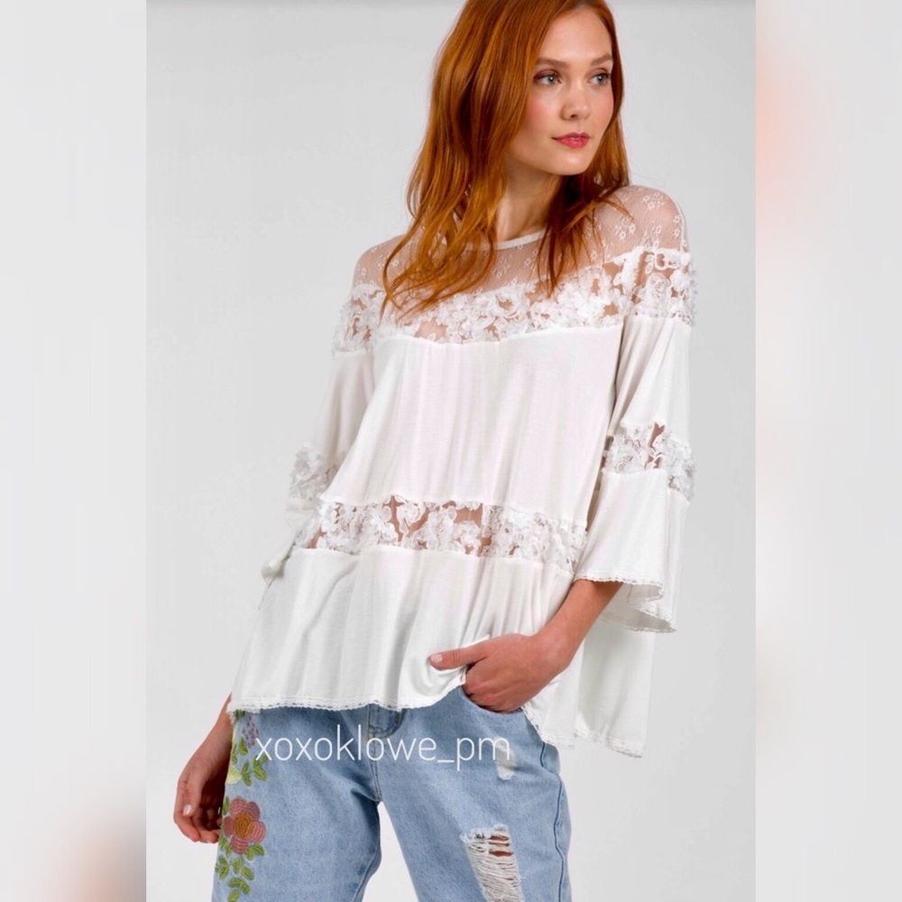 POL Ivory Rayon Jersey Lace Boho Top | 3D Floral Lace Sequin Detail Blouse - Picture 3 of 9